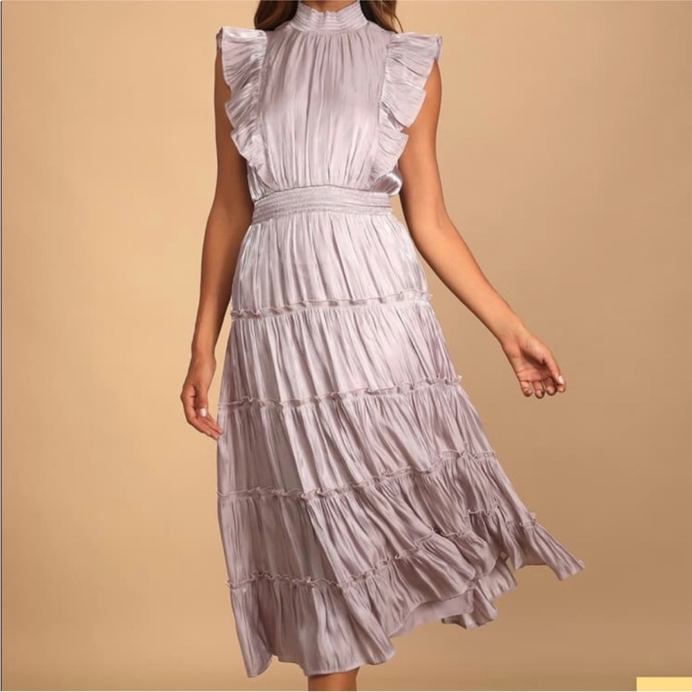 Lulu’s Take a Glance Wedding Guest Dress High Neck Satin Lilac Midi